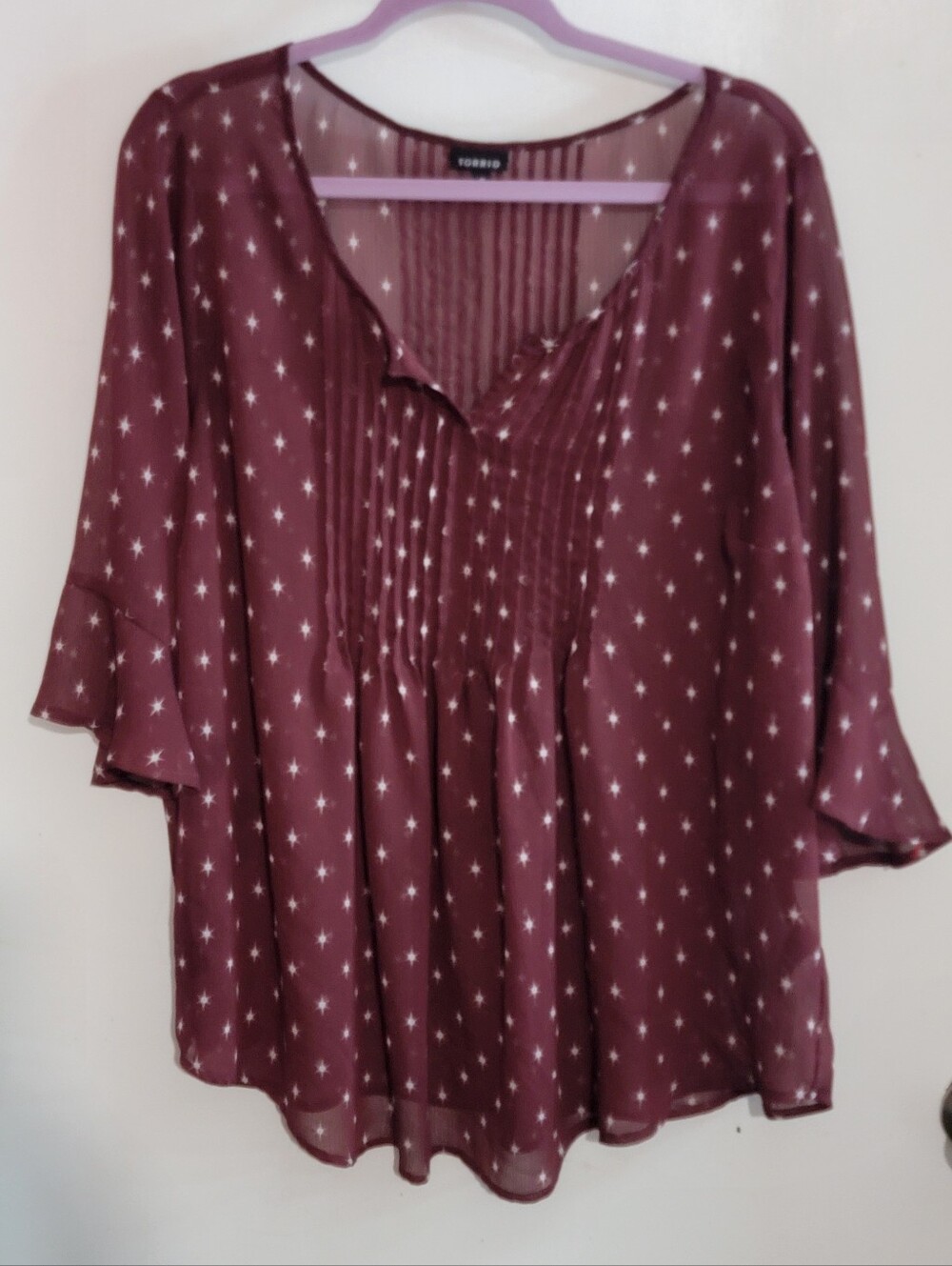 Torrid Plum Star-Print Pintuck Peasant Sheer Blouse